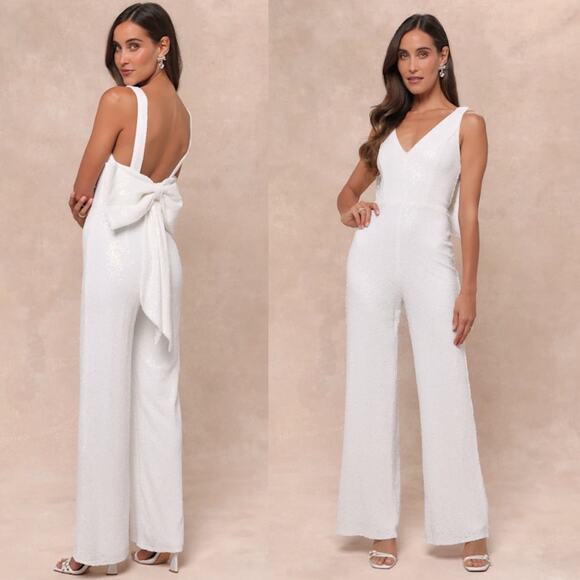 NWT Lulus Feeling Sparkly White Sequin Bow Wide-Leg Jumpsuit Intricate Party L - Picture 1 of 9